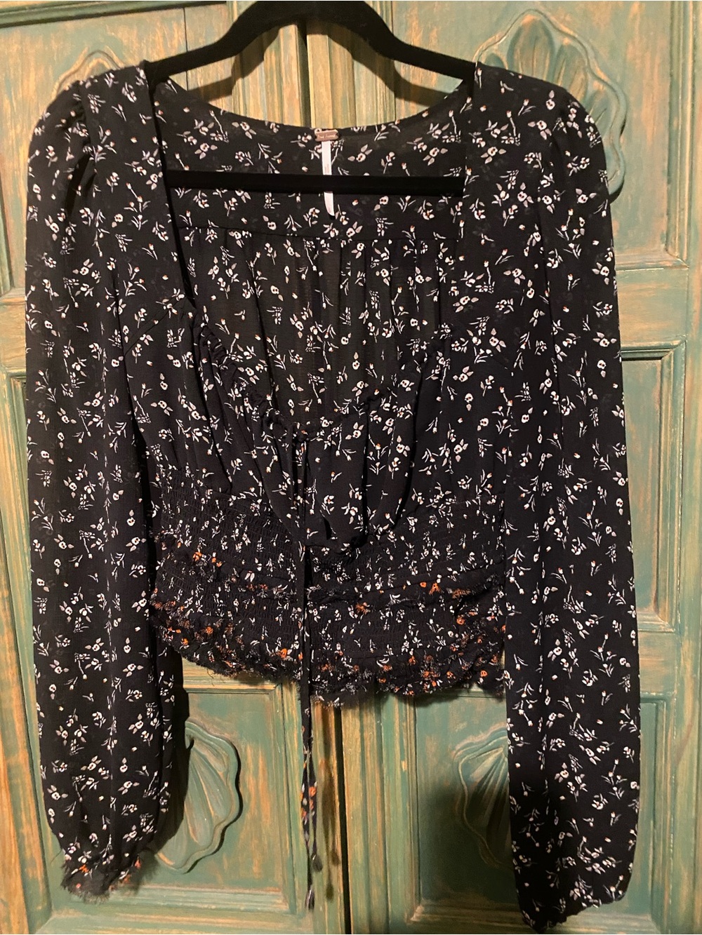 Free People Black Floral Smocked Peplum Top